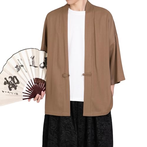 Image of PRIJOUHE Men's Kimono Jackets Cardigan Casual Cotton Blends Linen Seven Sleeve Open Front Embroidery Coat