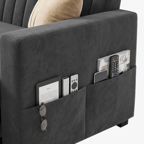 Image of CASASTYLE Kyagar 5 Seater RHS L Shape Sofa with Pull Out Bed, Storage Lounger & Suri Pouf Ottoman | Soft Velvet Suede Fabric | Comfort Cushions | Ideal for Living Room, Hotel & Office (Dark Grey)