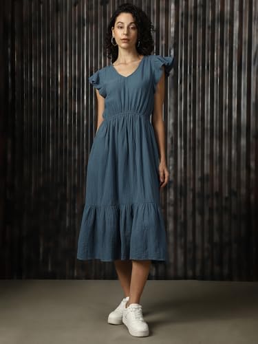Image of High Star Women Cotton Solid Regular fit V-Neck Sleeveless Dresses