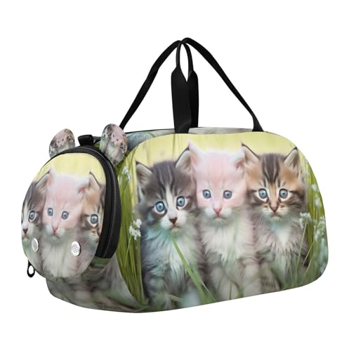 YETTASBIN Sport Travel Duffel Bag for Girls Boys, Cute Kittens Large Waterproof Weekender Overnight Bag, Detachable Shoulder Strap Gym Bag with Shoe Compartment & Wet Pocket
