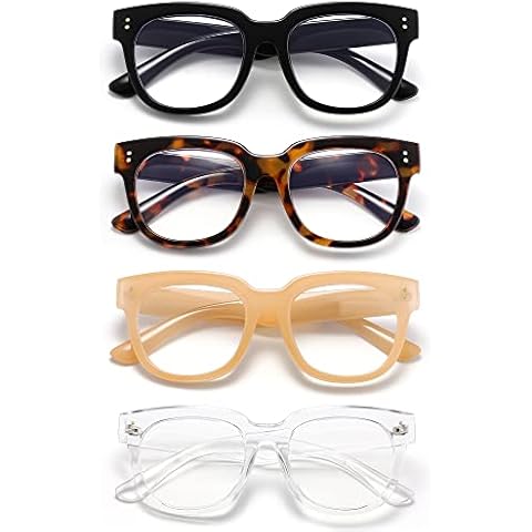 ZUVGEES 4-Pack Retro Square Thick Big Frame Oversized Reading Glasses for Men and Women (Black+Leopard+Champagne+Transparent,1.50) Cover