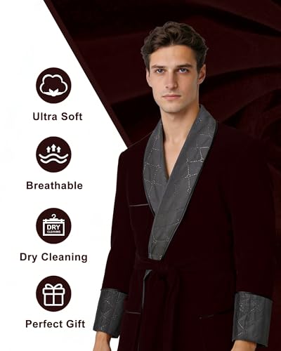Image of Men's Long Velvet Smoking Jacket Smoking Robe with Belt Shawl Lapel Quilted Dressing Gown