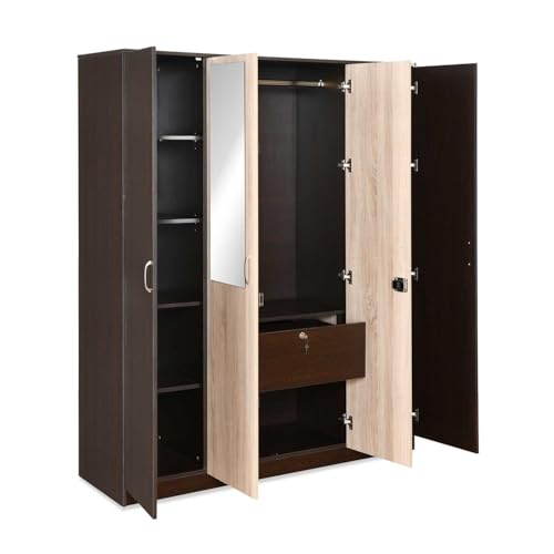 Image of Nilkamal Willy Neo 4 Door Wooden Wardrobe with Mirror for Bedroom | Almirah with 7 Shelves, 2 Hanging Rods, 1 Lockable Drawer | Clothes Cupboard | Engineered Wood | Wenge & Sonoma Oak