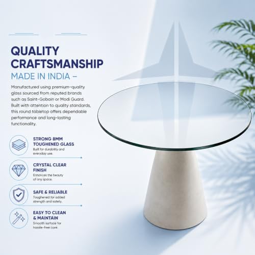 Image of Round Glass Table Top | 8mm Clear Toughened Glass | Size 18 x 18 Inches | Dining Table Top, Coffee Table, Side Table Top Multi Use at Home & Office | Made in India (TR18)