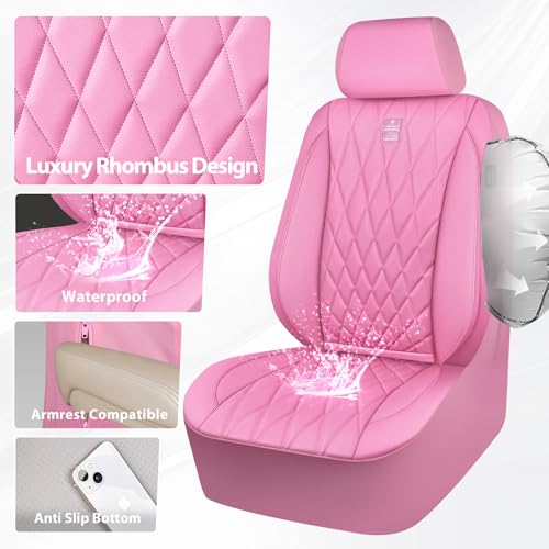 Image of CAR PASS Piping Luxury Leather Two Front Car Seat Covers, Cute Girly Waterproof Anti Slip Seat Covers Compatible with Front Seat Armrests,Universal Fit for Suvs,Vans,Trucks,Airbag Compatible(All Pink)