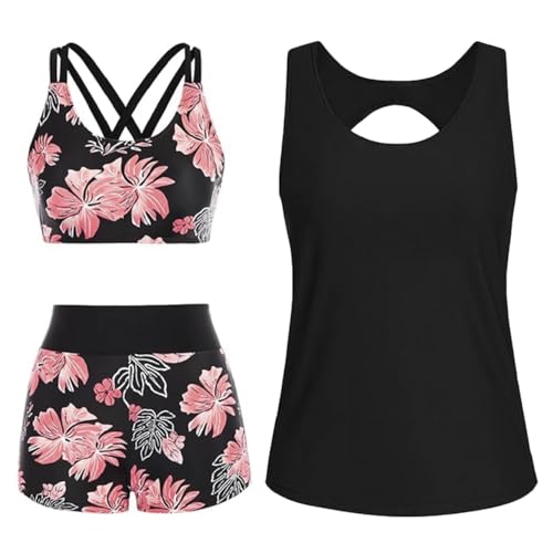 CheChury Tankinis Mujer 3 Piezas Sport Traje de Baño Mujer Push Up Swimwear Bañadores 3 Piezas Deportivos Conjuntos de Tankinis con Boyshort Reductor Vientre Plano Bañador Tallas Grandes Ropa Playa