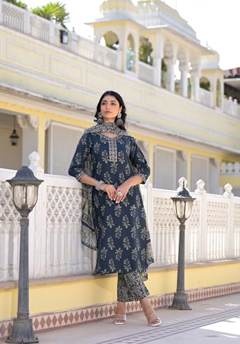 Shienzy Cotton Blend V Neck Kurta Pant Set With Dupatta For Women | Women Kurta Pant Sets With Dupatta (1611-1613) (In, Alpha, 2Xl, Regular, Blue)