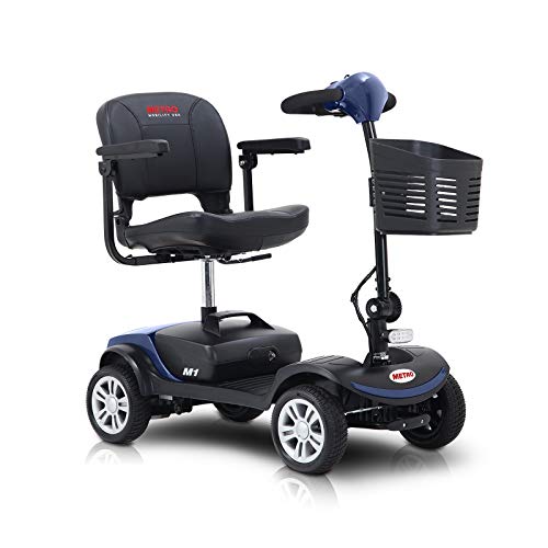 Metro Mobility Compact Travel Electric Power Mobility Scooter for Adults - 265 lbs Max Weight, 4 Wheel, 18 in Width Thick Leather Seats, Large Capacity Lead-Acid Battery - Blue
