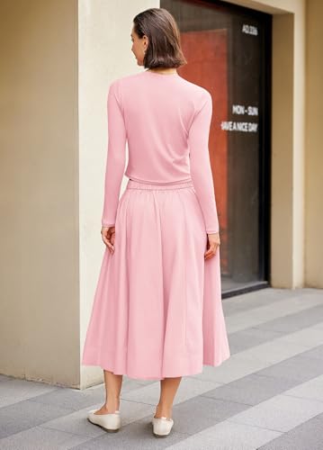 Image of Panadila Womens 2 Piece Lounge Sets Matching Vacation Outfits Ribbed Button Down Cardigan and Elastic Waist Skirt Sets (Baby Pink,M)