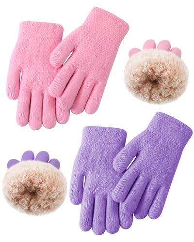Chuarry 2 Pairs Kids Wool Fleece Lined Knit Gloves Winter Thick Warm Mittens for 6-10 Years Boys Girls