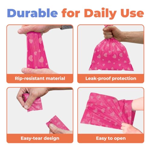 Image of Best Pet Supplies Dog Poop Bags, Rip-Resistant and Doggie Waste Bag Refills with d2w Controlled-Life Plastic Technology - Pack of 150, Pink Heart (Scented)