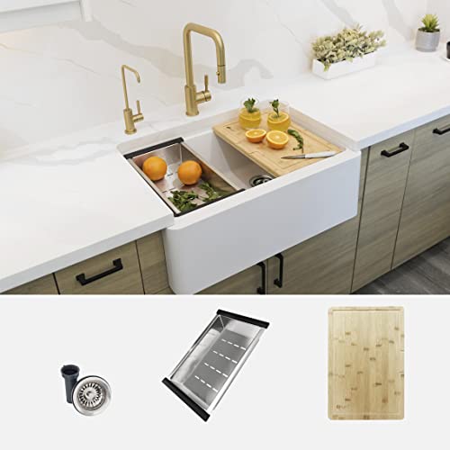 Image of Stylish 30 x 21 Inch Farmhouse Composite Granite Apron Front Workstation Kitchen Sink, Single Bowl Undermount /Flush-Mount, 10 in Deep, with Cutting Board, Colander & Strainer, White, S-830WH