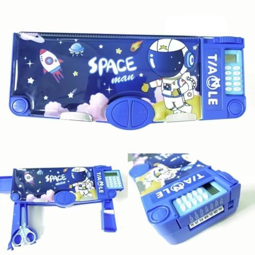 Image of KiddieWorld School Students Pencil Box with Calculator Cute Cartoon Stationary Compass for Boys Geometry Box with Inbuilt Scissor Ruler & Sharpener Magnetic Box Best Gifts (Blue Space Calculator)