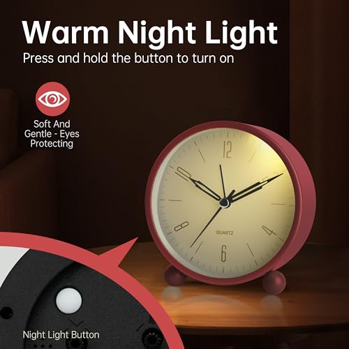 Image of Analog Alarm Clock, 4 inch Super Silent Non Ticking Small Clock with Night Light, Battery Operated, Simple Design, Old Fashioned Style Wine-red Decor, for Bedroom, Bedside, Desk, Adult, Gift, Red