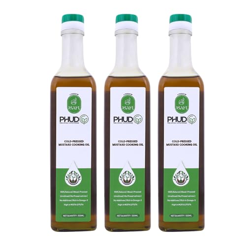 Image of PhudG Cold-Pressed Mustard Oil 500 Grams | Pure Kachi Ghani Mustard Oil in Premium Glass Bottle | Natural Cooking Oil with Rich Aroma | Pack of 3