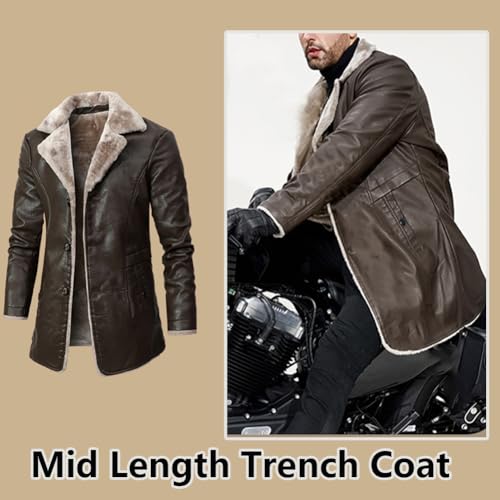 Image of Men's Faux Leather Jacket Thick Faux Fur Shearling Lapel Collar Botton Down Long Trench Coats Black Brown