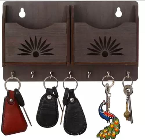 Image of Capio Art Wooden Wall Mounted Key Holder with 7 Hooks & Sunrise Design