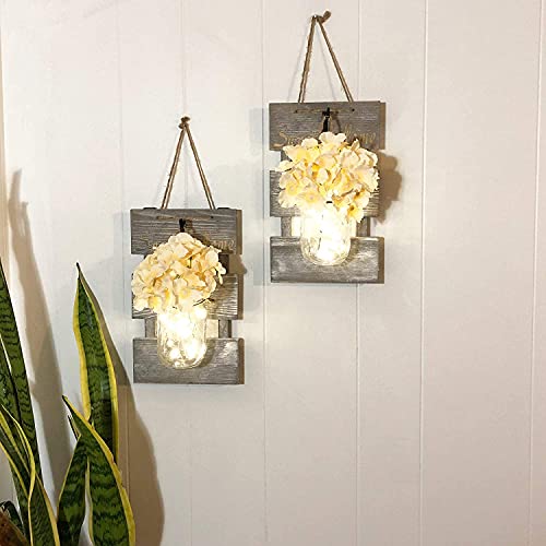 YI LIGHTING Set of 2 Rustic Wall Sconces - Mason Jars Sconce, Rustic Home Decor, with LED Fairy Lights, Flowers for Home Decoration Gift (Grey)