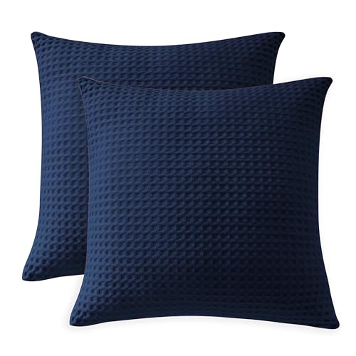 100% Egyptian Cotton 600 TC Waffle Weave Throw Pillow Covers 2 Pack, Ultra Soft Breathable Euro Pillow Shams Covers, Decorative Cushion Covers for Bed Couch Sofa Car, No Insert, Navy Blue, 26