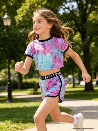 Image of Betusline Girls Summer 2 Piece Outfits,Kids Short Sleeve Crop Top & Shorts Set with Side Pockets