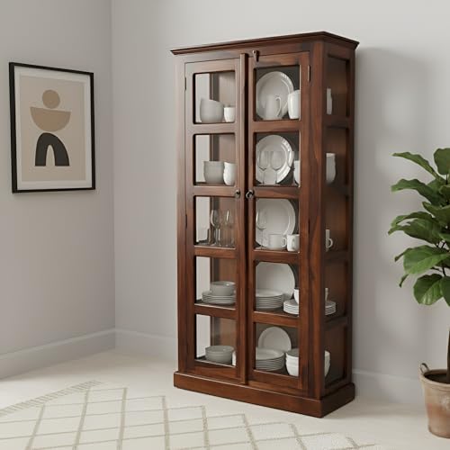 Image of SONA ART & CRAFTS Sheesham Wooden Crockery Cabinet with Glass Door | Solid Wood Multipurpose Storage Cabinets for Living Room Home & Kitchen | Book Shelf Wooden - Walnut Finish
