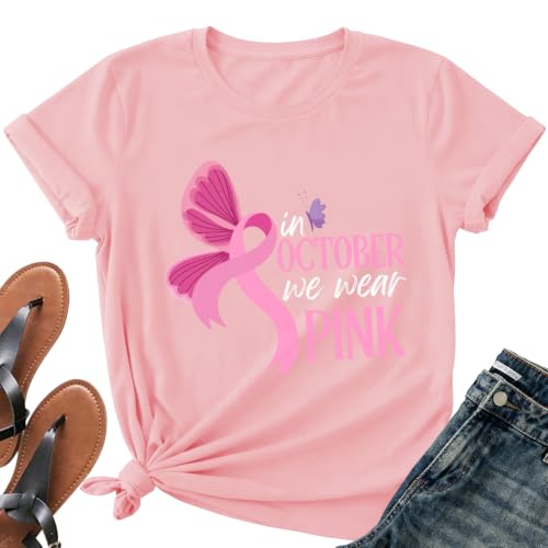 Image of Breast Cancer Awareness Ribbon Shirt Women-in October We Wear Pink Tees | Meaningful October Breast Awareness Cancer Shirt Pink Butterfly Short Sleeves Perfect for Survivors and Family Supporters