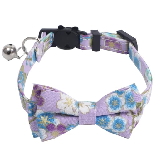 Nikkashop 猫 首輪 布製 セーフティバックル リボン取り外し 安全 和柄 調整可能 キャットカラー 簡単装着 軽量 パーブル