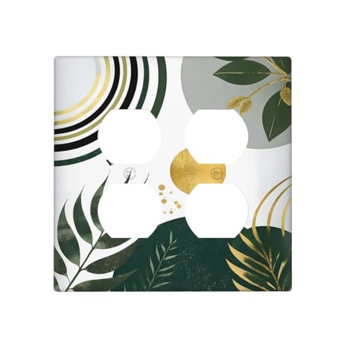Decorative Outlet Covers Boho Green Leaves Bohemian Gold Sun 2 Gang Wall Plate Cover Double Duplex Receptacle Two Switch Light Switch Cover Plate Jumbo Dual Faceplate