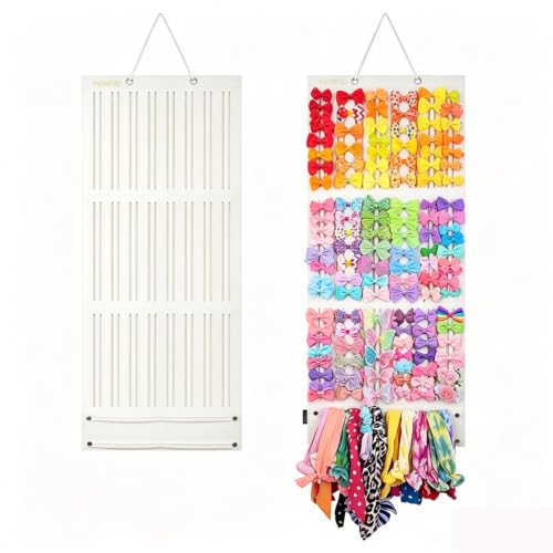 Image of HASTHIP Hair Accessories Organizer for Girls Bow Hair Clip Storage Hairband Organizer 3-Layer Large Capacity Wall Hanging Bows Holder Displaying Rack for Baby Girl Kids Women-White