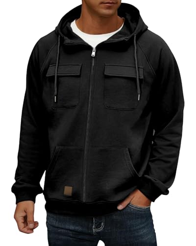 Men's Zip Up Hoodie Casual Loose fit Vintage Sweatshirt Hoodies Jacket with Multiple Pockets