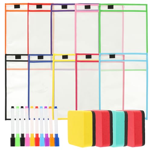 PRETYZOOM Bolsillos Transparente Reutilizables para Escritura Seco Fundas PVC Impermeables para Documentos Bolsas Multiusos para Uso Diario y Aula Incluye Borrador Magnético Color Aleatorio