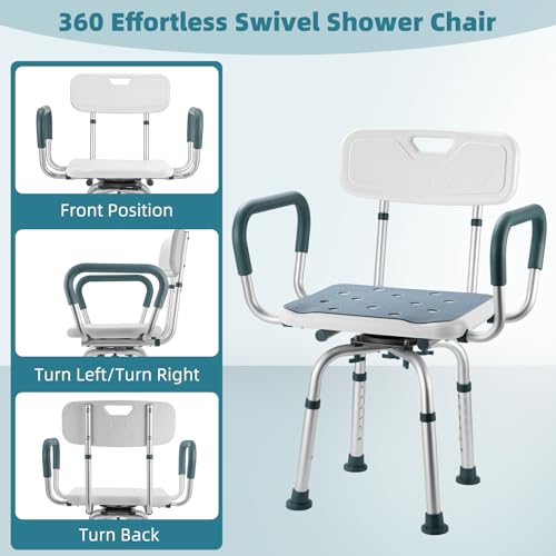 Swivel Shower Chair with Arms and Back, 350lbs Heavy Duty Shower Seat for Inside Shower Stall and Bathtub, Height Adjustable Safety Bath Seat for Elderly, Adults, Handicap and Disabled