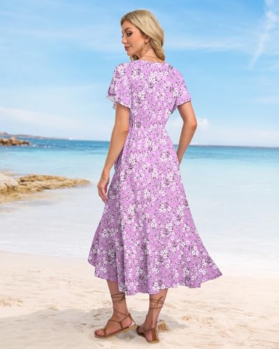 Image of AUSELILY Women Summer Midi Dresses Wrap Short Flutter Sleeve Elegant Dress | High Slit,High-waisted,Ruffled Hem,V-Neck,Fixed-strap Design,Skin-Friendly,Breathability,Wedding Guest Dresses
