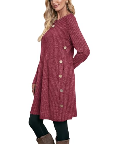 Image of OFEEFAN Long Sleeve Dress for Women Crew Neck Fall and Winter Tunic Dress with Pockets