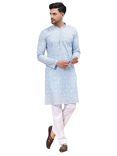See Designs Sky Blue & White Cotton Regular Fit Embroidered Kurta Set Mandarin Collar Long Sleeves_Sdekt126801M