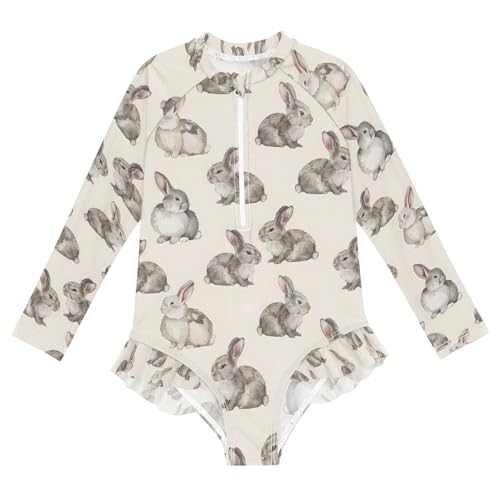 ALAZA Gray Rabbit Bunny Retro Girls One Piece Swimsuit Long Sleeve Rash Guard Swimsuits UV 50+ Swimwear Zipper