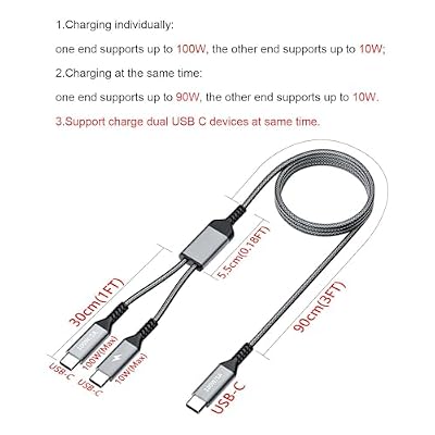 4FT 2 in 1 100W USB C to Dual Type c Fast Charging Cable,iPhone 15 USB C to Double Type c Cable for MacBook Pro/Air,iPad Pro/Air,iPhone 15 Plus/15 Pro Max,Samsung Galaxy S24/S23/S22/S21,Moto,Switch