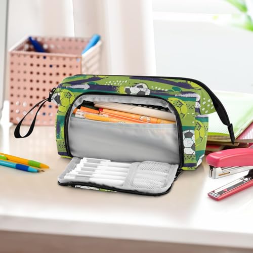 Image of Ball Soccer Green Print Pencil Case Pouch Big Capacity Pencil Bag Box Organizer Pen Case with Compartmens Stationery Organizer for Girls Boys Women School College Office
