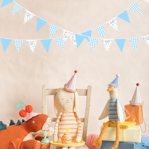 Image of 32Ft Goose Party Decorations Blue Gingham Plaid Silly Goose Themed Fabric Banner Triangle Pennant Flag Garland Streamers for Kids Boys Farm Animals First Birthday Baby Shower Duck Garden Supplies
