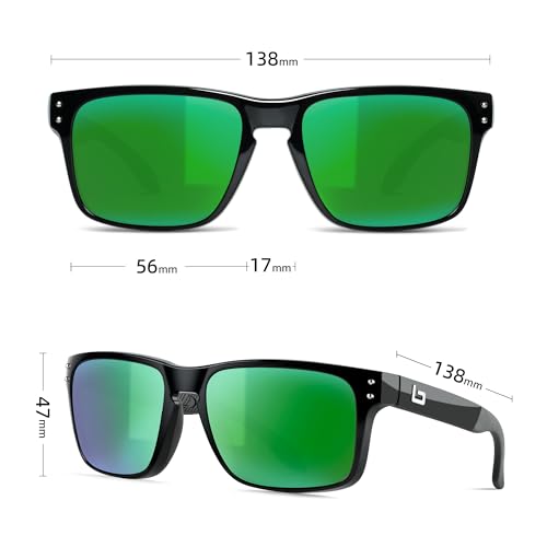 B.N.U.S Corning Glass Lens Polarized Sunglasses for Men & Women - Black Frame/Green Mirrored Lens3