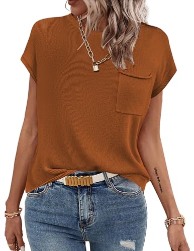 Zeagoo Womens Sweater Vest Fall 2025 Loose Fit Cape Sleeve Knit Ribbed Tank Tops with Front Pocket S-XXL