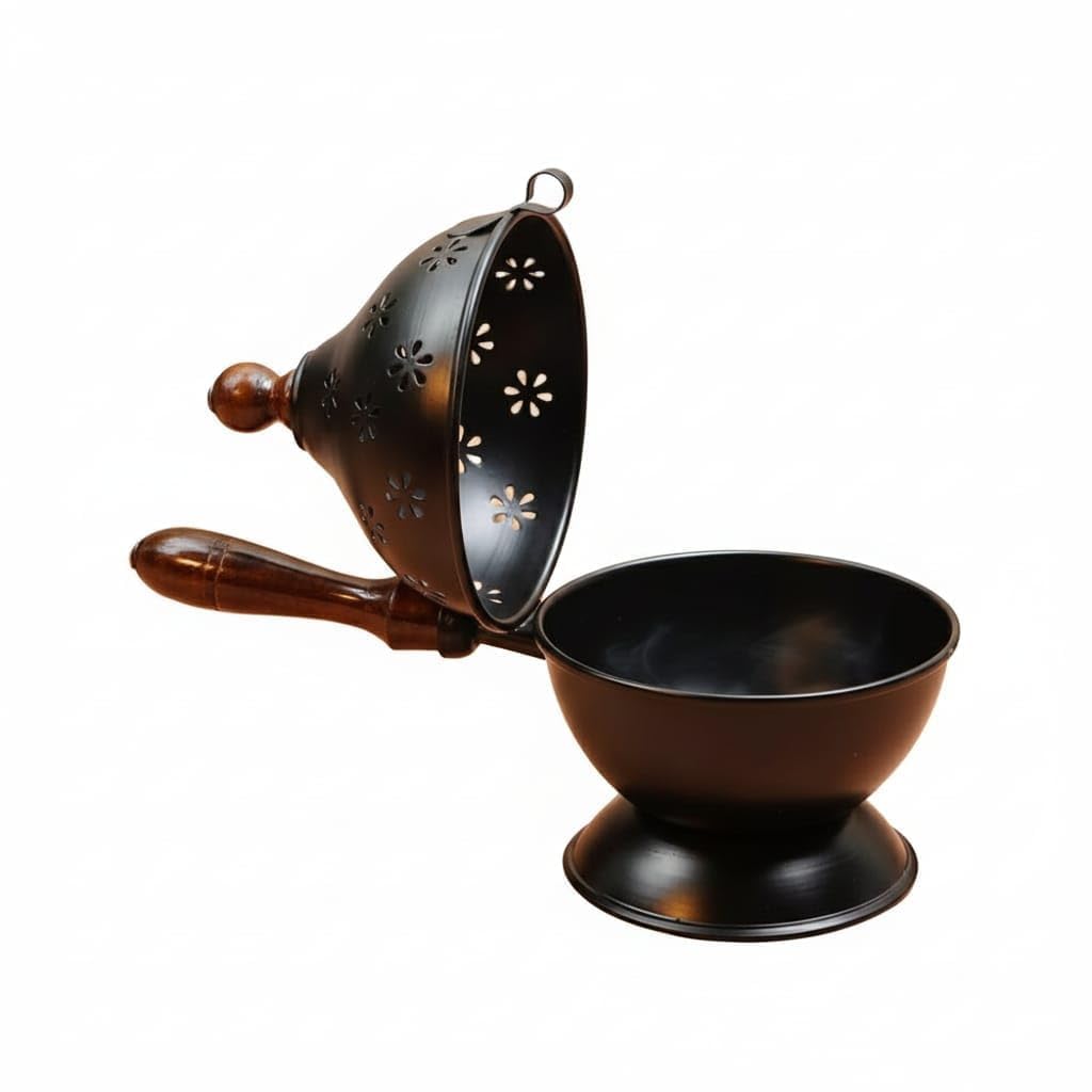 𝐋𝐔𝐗𝐔𝐑𝐘 𝐋𝐎𝐃𝐆𝐄™ Metal Dhoop Dani | Incense Burner for Puja | Loban Dani | Bakhoor Burner | Dhoop Holder Stand | Globe Design with Wooden Handle | Pooja Room Decor | Home Fragrance | Gift 4