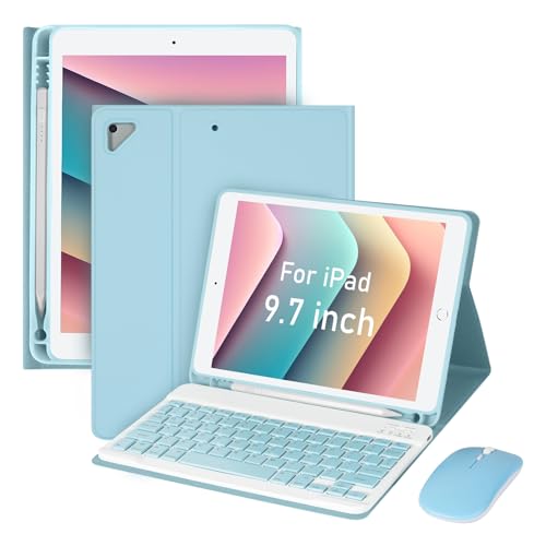 for iPad Pro 9.7 inch Case with Keyboard and Mouse for iPad 2018 (6th Gen)/ 2017 (5th Gen) 2016 iPad Pro/Air 2/1 Keyboard Case with Mouse Bluetooth Wireless Keyboard Cover with Pencil Holder Blue