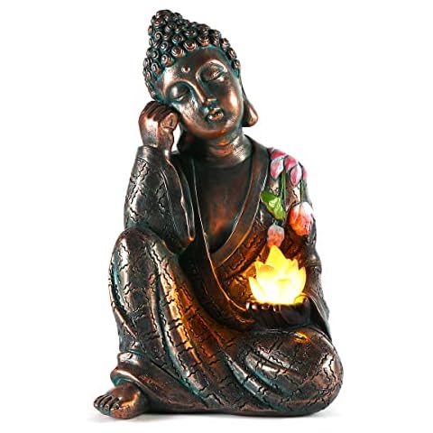 MIBUNG Zen Meditating Buddha Garden Statue Outdoor, Large Bronze Lotus Sitting Buddha Decor with Solar Lights Asian Art Sculpture, Patio Yard Lawn Decorations, Halloween Christmas Ornament Gift Cover