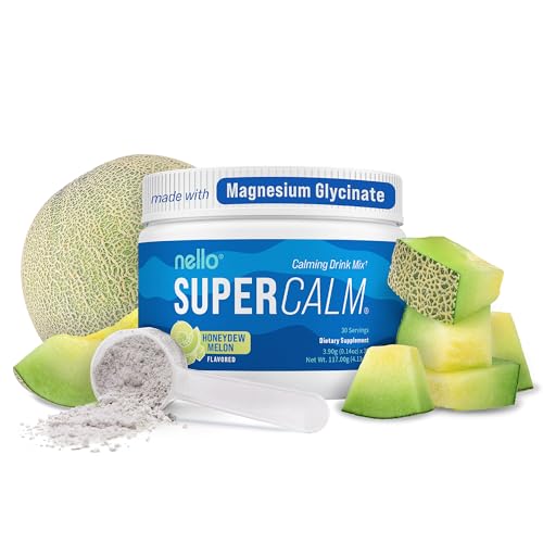 Image of Nello Supercalm Powdered Drink Mix Tub, Cortisol Reducer* and Sleep Aid Supplement, L Theanine, Ksm-66 Ashwagandha, Magnesium Glycinate, Vitamin D 3, No Sugar, Non GMO, 30 Ct, Honeydew Melon