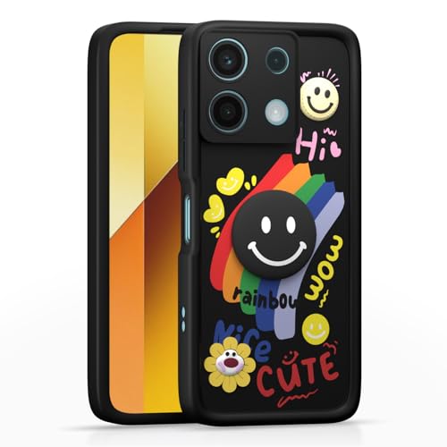 Image of Pikkme Back Cover for Redmi Note 13 5G | Soft Silicone| Cute Rainbow Smile & 3D Cartoon Flower Design | Shockproof Raised Camera Protection Bumper Case (Black)