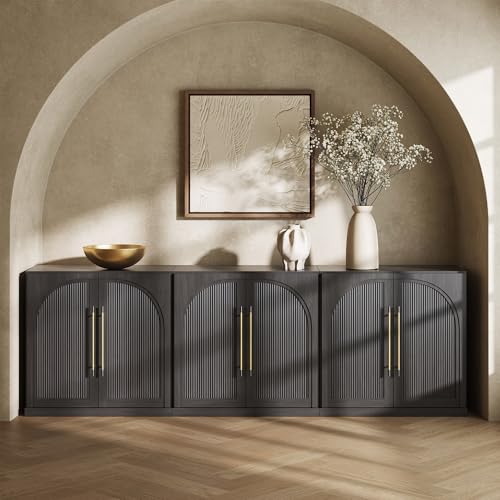 Image of BELLEZE Set of 3 Modular Sideboard with Double-Arc Wood Doors, 97'' Arched Buffet Cabinet with Storage and Adjustable Shelves, Classic Modern Credenza for Living Room Entryway (Ebony)