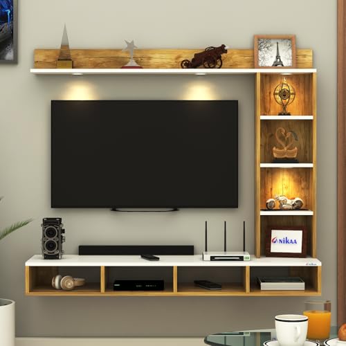 Image of Anikaa Briza Engineered Wood Wall Mounted TV Unit with 4 LED Lights, 9 Open Display Boxes & Shelf Design for Living Room | Ideal for Upto 43 Inch TV- Gaintwood /White(DIY Installation)