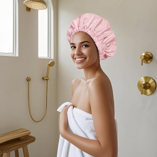 Reusable Shower Cap for Women, Large Waterproof Shower Bonnet Washable Elastic Band Bath Hair Hat for Long Hair, Braids(Pink) - Image 5