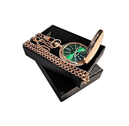 1 Engraved Pocket Watch - Comes With Fitted Custom Box, Chain And Engraving - Green Dial With Silver Roman Numerals - Personalized Wedding Gifts (Rose Gold) #TOP1